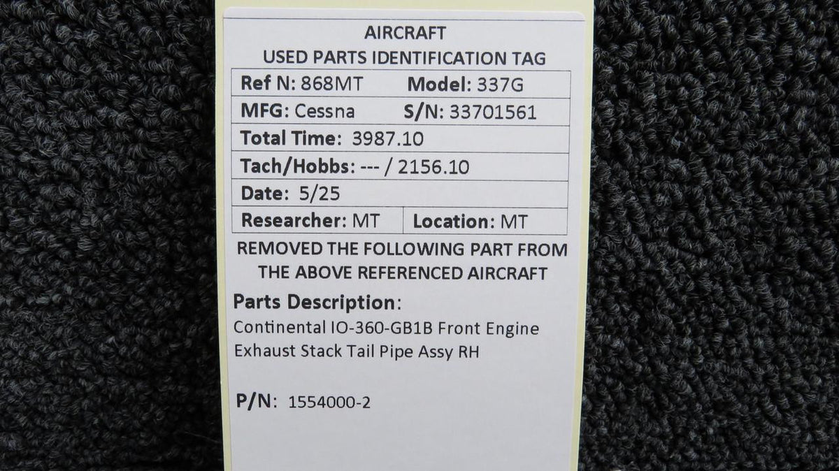 Continental Motors  1554000-2 Continental IO-360-GB1B Front Engine Exhaust Stack Tail Pipe Assy RH