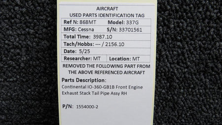 Continental Motors  1554000-2 Continental IO-360-GB1B Front Engine Exhaust Stack Tail Pipe Assy RH