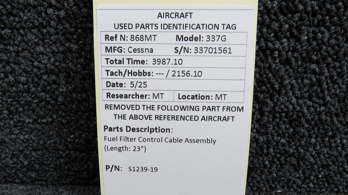 Cessna Aircraft Parts S1239-19 Cessna 337G Fuel Filter Control Cable Assembly (Length: 23”)