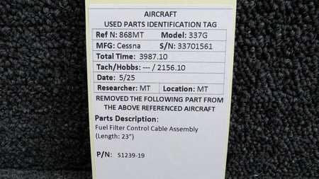 Cessna Aircraft Parts S1239-19 Cessna 337G Fuel Filter Control Cable Assembly (Length: 23”)