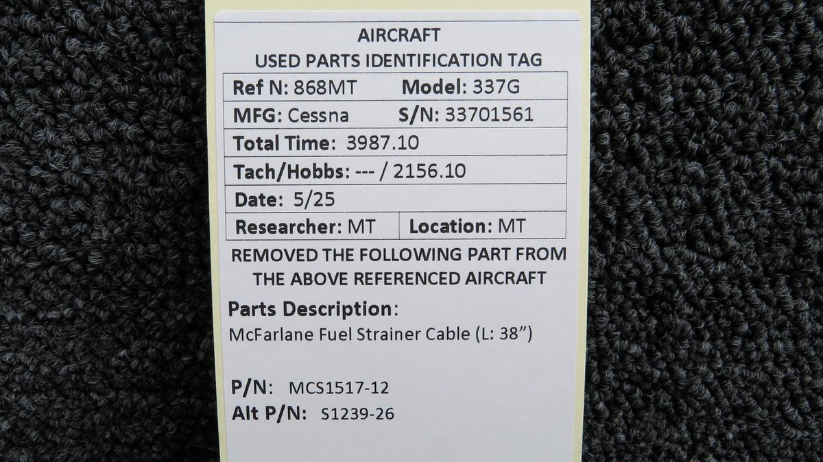 McFarlane MCS1517-12 (Alt: S1239-26) Cessna 337G McFarlane Fuel Strainer Cable (L: 38”)