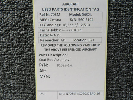 Cessna Citation 81329-1-2 Cessna Citation 560XL Coat Rod Assembly