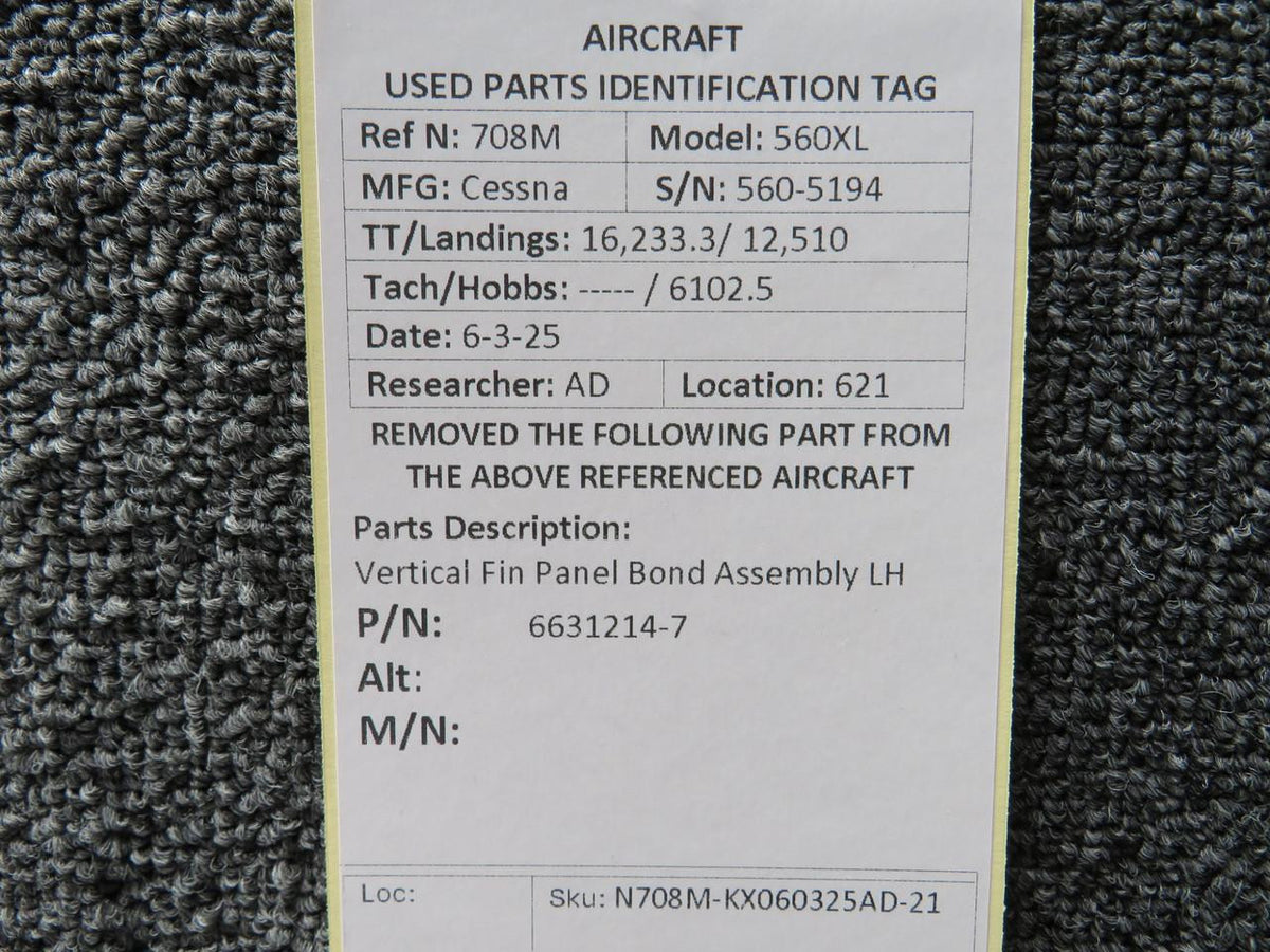 Cessna Citation 6631214-7 Cessna Citation 560XL Vertical Fin Panel Bond Assembly LH