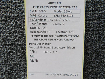 Cessna Citation 6631214-7 Cessna Citation 560XL Vertical Fin Panel Bond Assembly LH