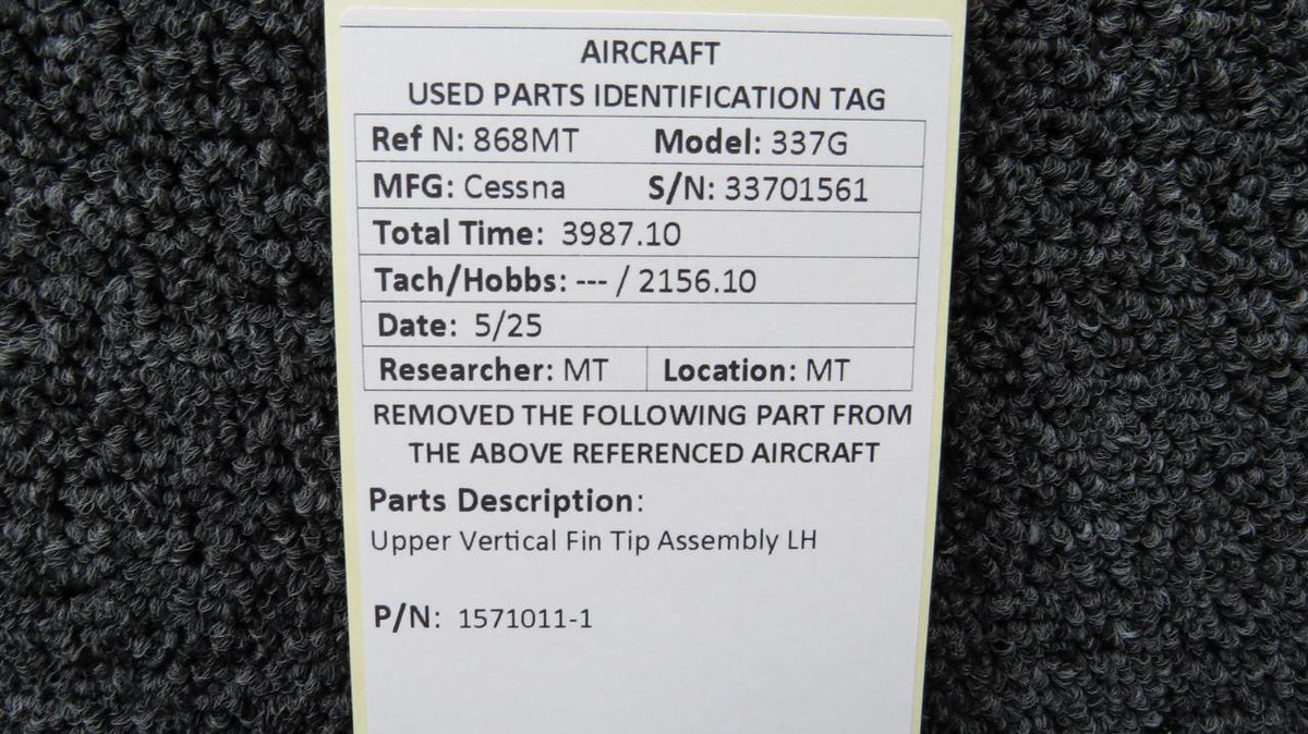 Cessna Aircraft Parts 1571011-1 Cessna 337G Upper Vertical Fin Tip Assembly LH
