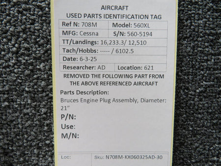 Cessna Citation 560XL Bruces Engine Plug Assembly, Diameter: 21”