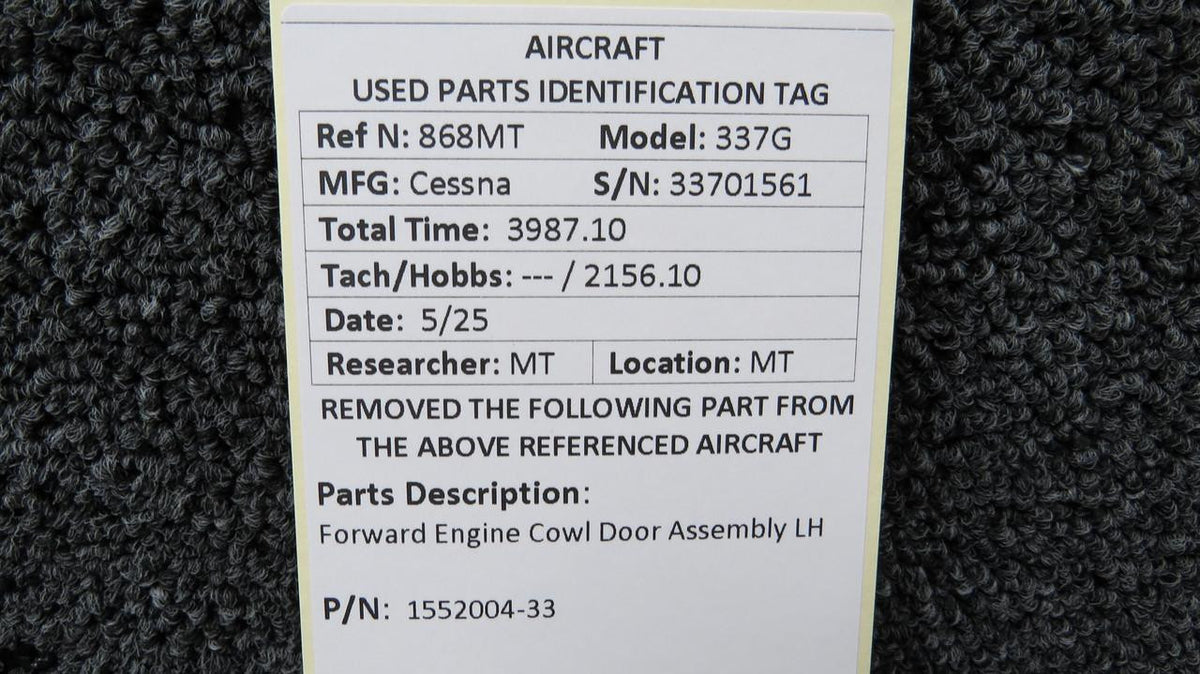 Cessna Aircraft Parts 1552004-33 Cessna 337G Forward Engine Cowl Door Assembly LH