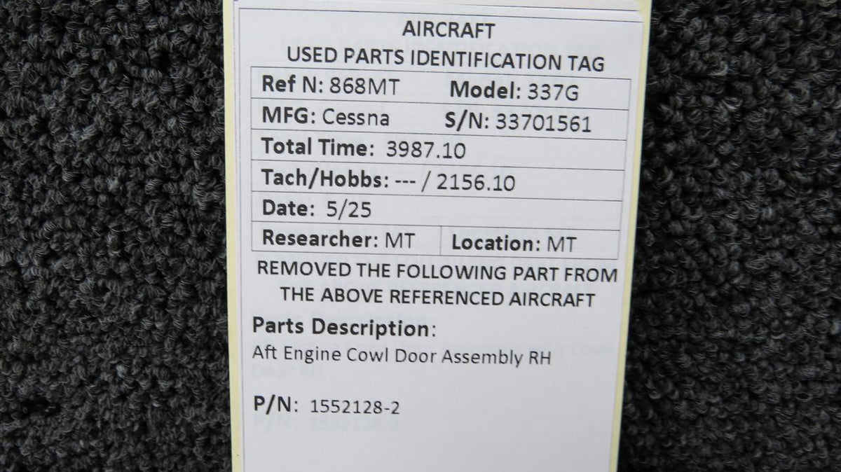 Cessna Aircraft Parts 1552128-2 Cessna 337G Aft Engine Cowl Door Assembly RH