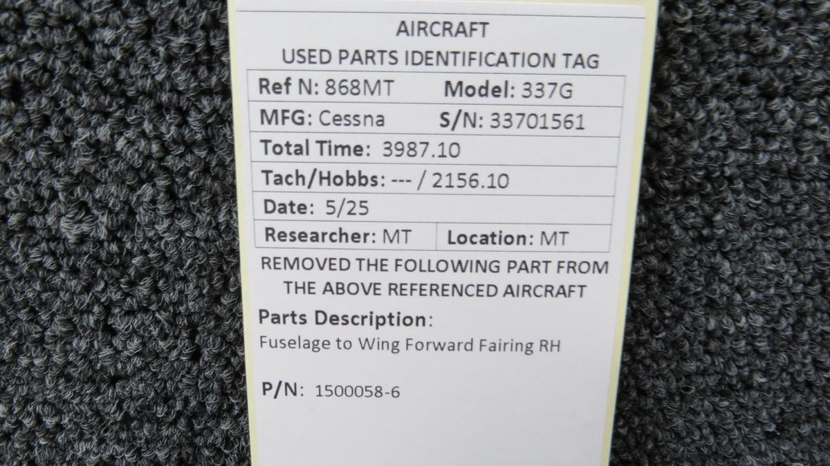Cessna Aircraft Parts 1500058-6 Cessna 337G Fuselage to Wing Forward Fairing RH