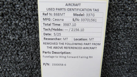 Cessna Aircraft Parts 1500058-6 Cessna 337G Fuselage to Wing Forward Fairing RH