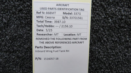 Cessna Aircraft Parts 1516057-18 Cessna 337G Inboard Wing Fuel Tank RH
