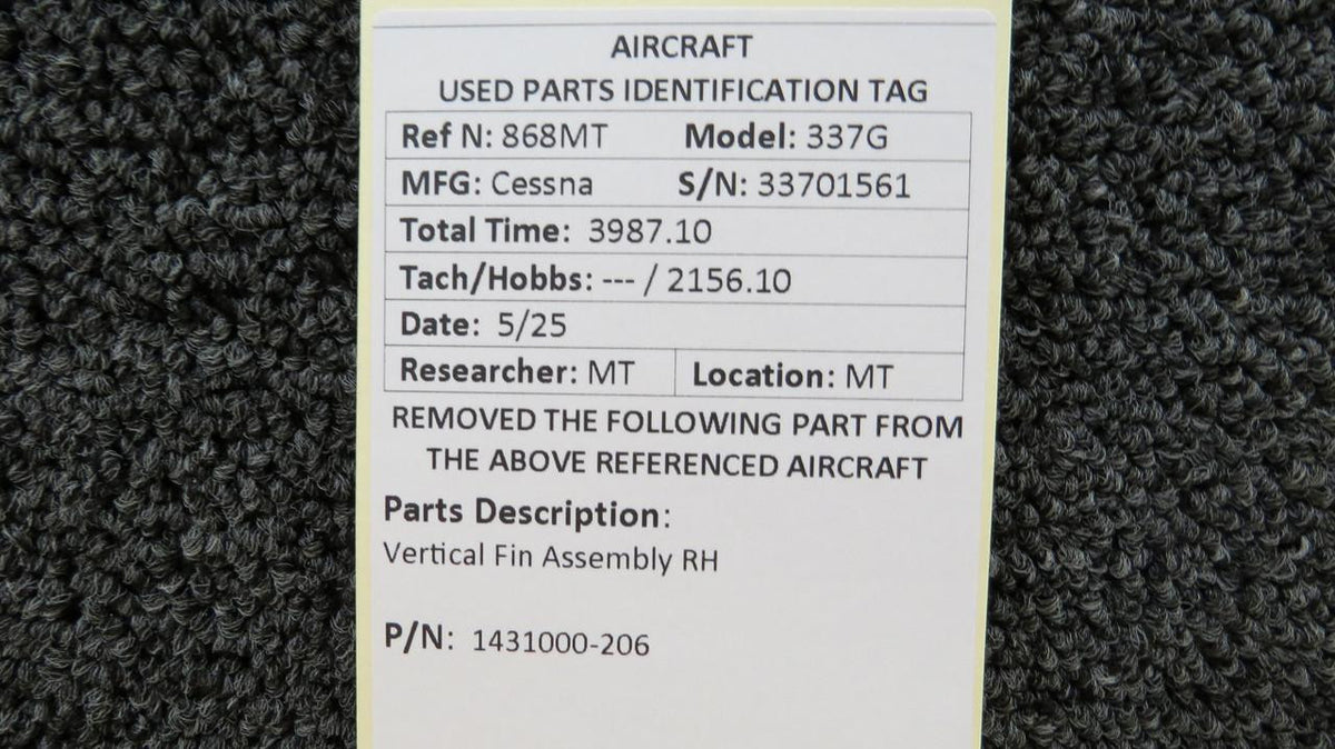 Cessna Aircraft Parts 1431000-206 Cessna 337G Vertical Fin Assembly RH