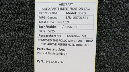 Cessna Aircraft Parts 1431000-206 Cessna 337G Vertical Fin Assembly RH