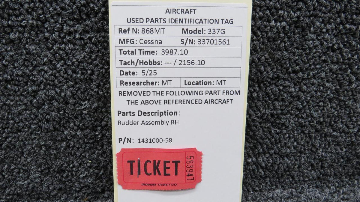 Cessna Aircraft Parts 1431000-58 Cessna 337G Rudder Assembly RH