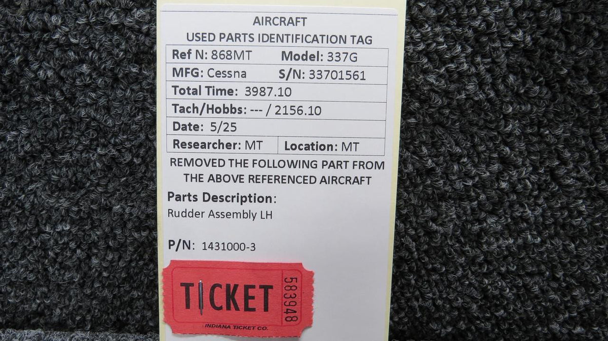 Cessna Aircraft Parts 1431000-3 Cessna 337G Rudder Assembly LH