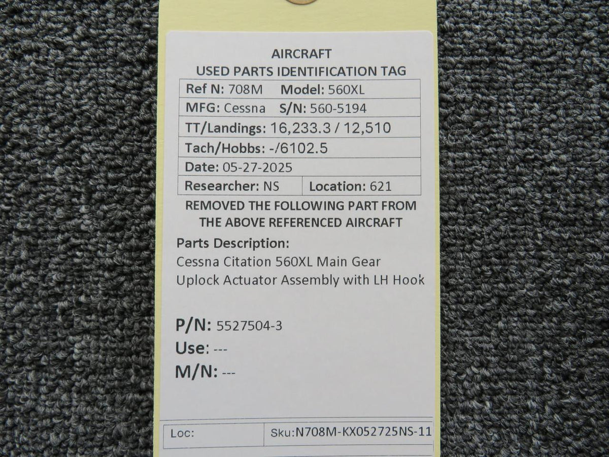 Cessna Citation 5527504-3 Cessna Citation 560XL Main Gear Uplock Actuator Assembly with LH Hook