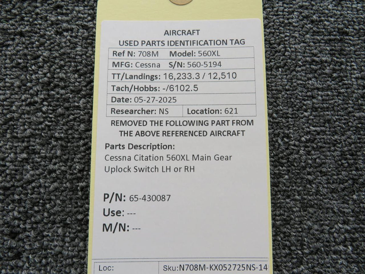 Cessna Citation 65-430087 Cessna Citation 560XL Main Gear Uplock Switch LH or RH