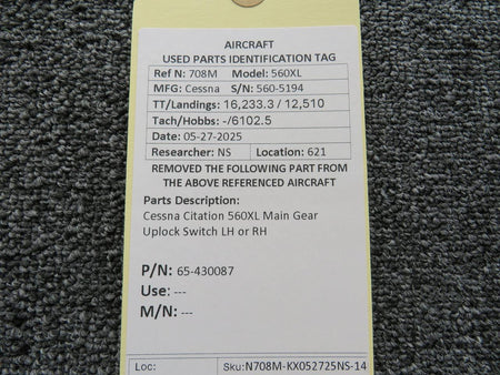 Cessna Citation 65-430087 Cessna Citation 560XL Main Gear Uplock Switch LH or RH