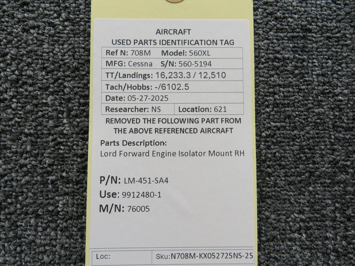Lord LM-451-SA4 (Alt: 9912480-1) Lord 76005 Forward Engine Isolator Mount RH