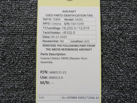 Cessna Citation 6660111-21 (Alt: 6660111-6) Cessna Citation 560XL Elevator Horn Assembly