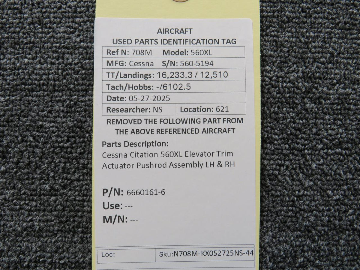 Cessna Citation 6660161-6 Cessna Citation 560XL Elevator Trim Actuator Pushrod Assembly LH & RH