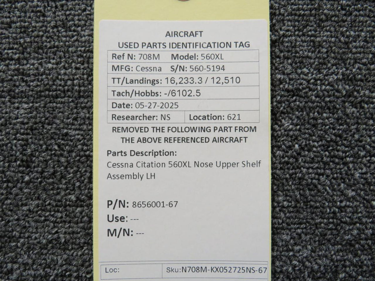 Cessna Citation 8656001-67 Cessna Citation 560XL Nose Upper Shelf Assembly LH