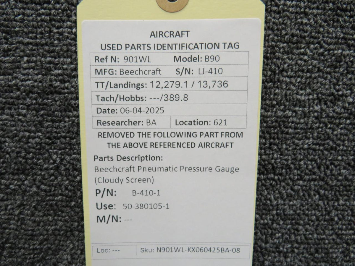 Beechcraft Parts B-410-1 (Alt: 50-380105-1) Beechcraft Pneumatic Pressure Gauge (Cloudy Screen)