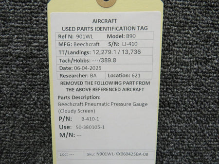 Beechcraft Parts B-410-1 (Alt: 50-380105-1) Beechcraft Pneumatic Pressure Gauge (Cloudy Screen)