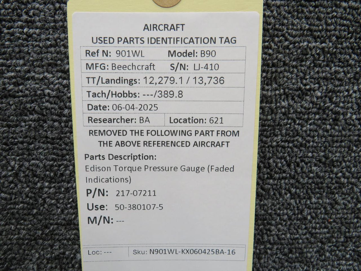 Edison 217-07211 (Alt: 50-380107-5) Edison Torque Pressure Gauge (Faded Indications)