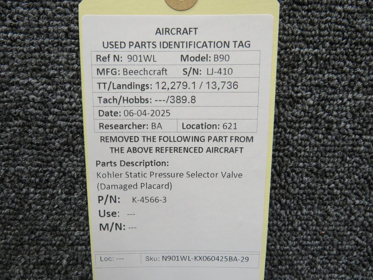 Kohler K-4566-3 Kohler Static Pressure Selector Valve (Damaged Placard)