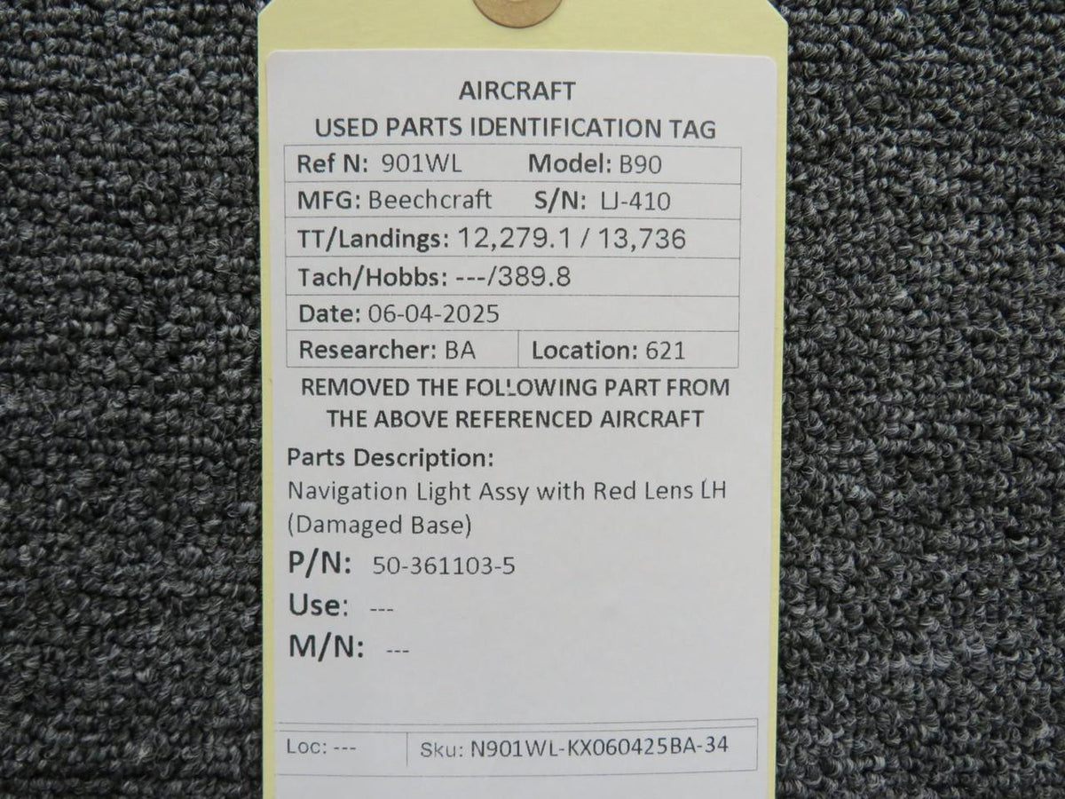 Beechcraft Parts 50-361103-5 Beechcraft B90 Navigation Light Assy with Red Lens LH (Damaged Base)
