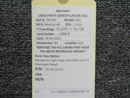 Beechcraft Parts 50-361103-5 Beechcraft B90 Navigation Light Assy with Red Lens LH (Damaged Base)
