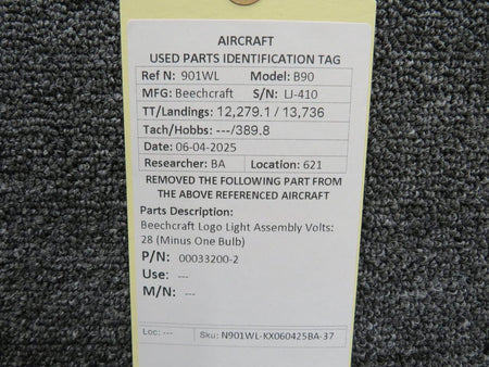 Beechcraft Parts 00033200-2 Beechcraft Logo Light Assembly Volts: 28 (Minus One Bulb)