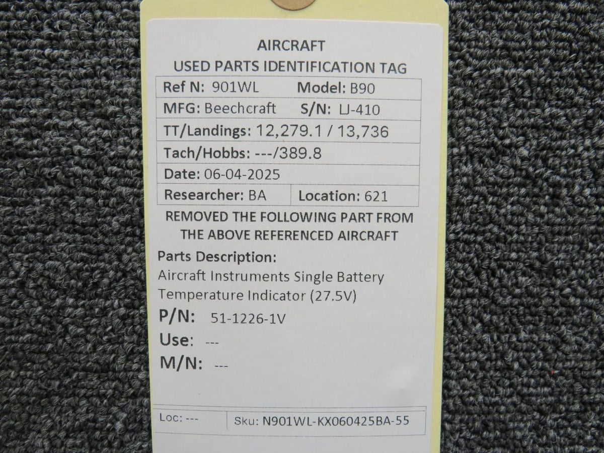 aircraft instruments 51-1226-1V Aircraft Instruments Single Battery Temperature Indicator (27.5V)