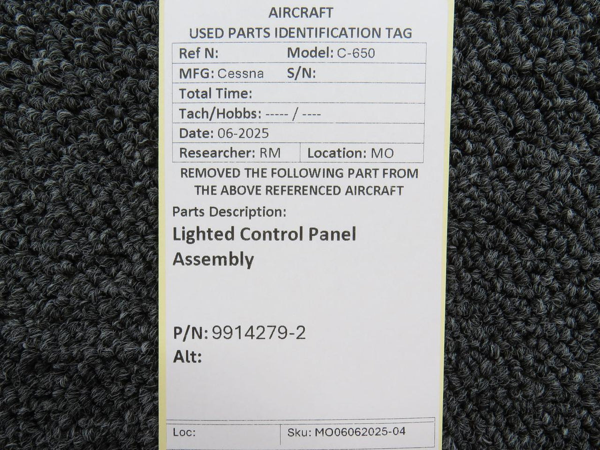 Cessna Aircraft Parts 9914279-2 Cessna C-650 Lighted Control Panel Assembly
