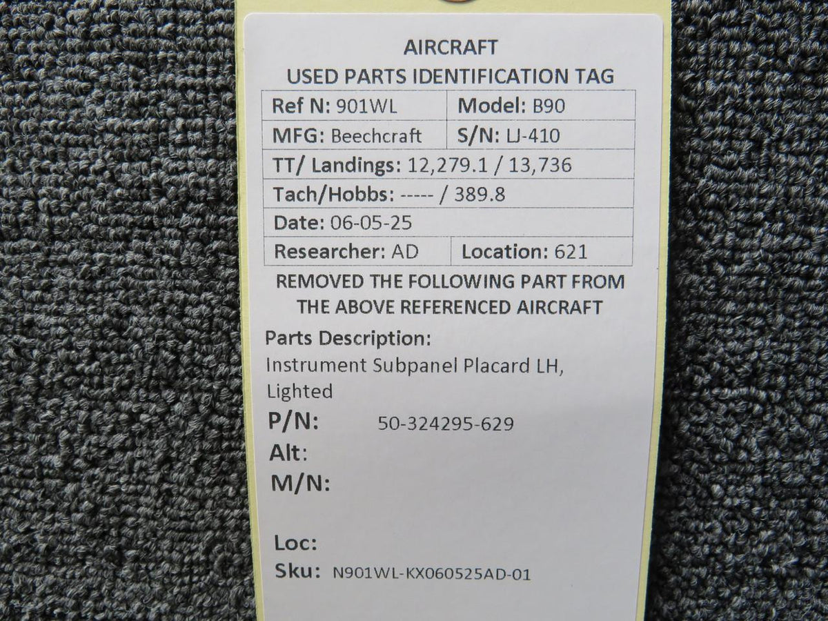 Beechcraft Parts 50-324295-629 Beechcraft King Air B90 Instrument Subpanel Placard LH, Lighted
