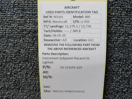 Beechcraft Parts 50-324295-629 Beechcraft King Air B90 Instrument Subpanel Placard LH, Lighted