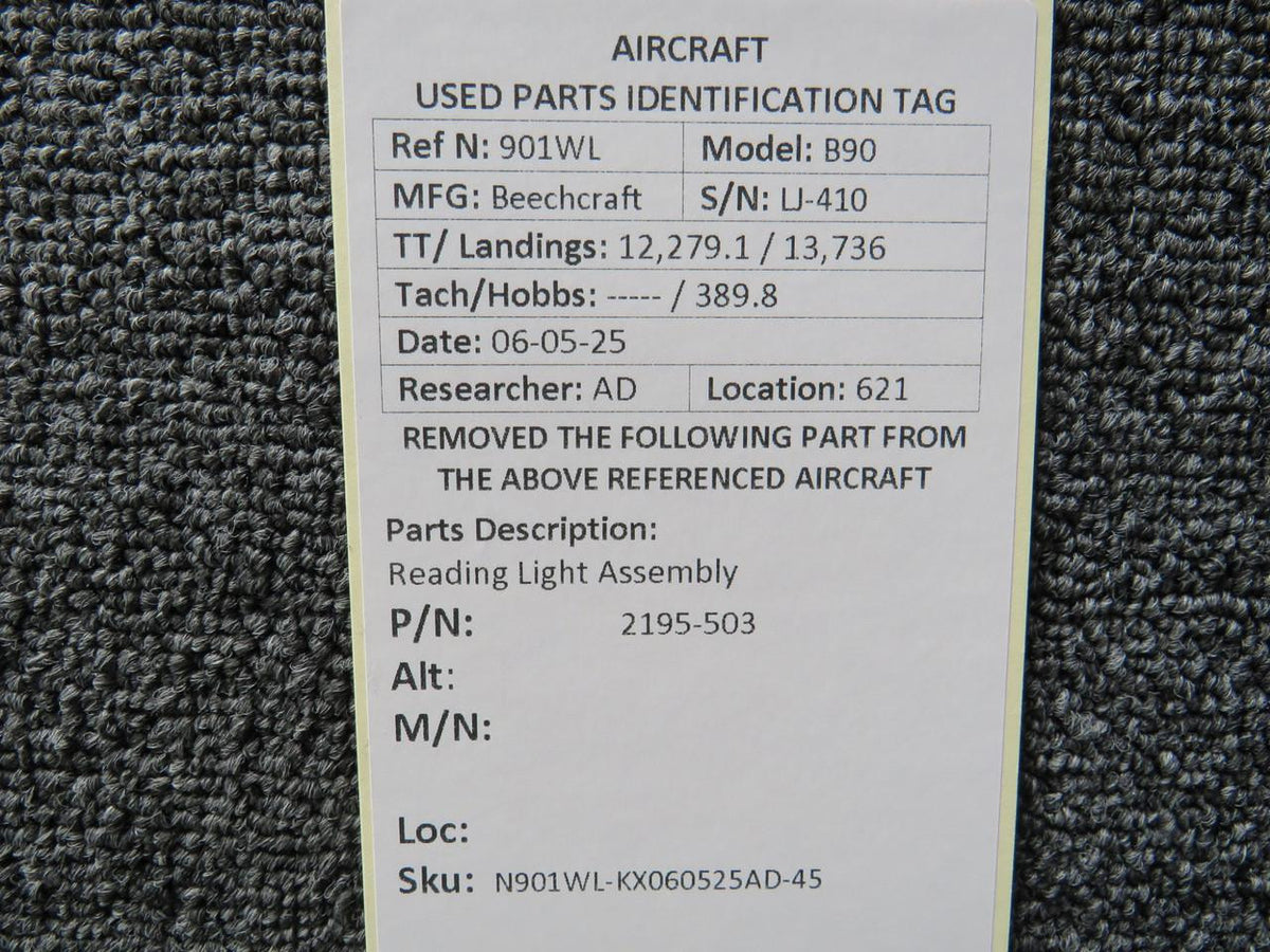 Beechcraft Parts 2195-503 Beechcraft King Air B90 Reading Light Assembly