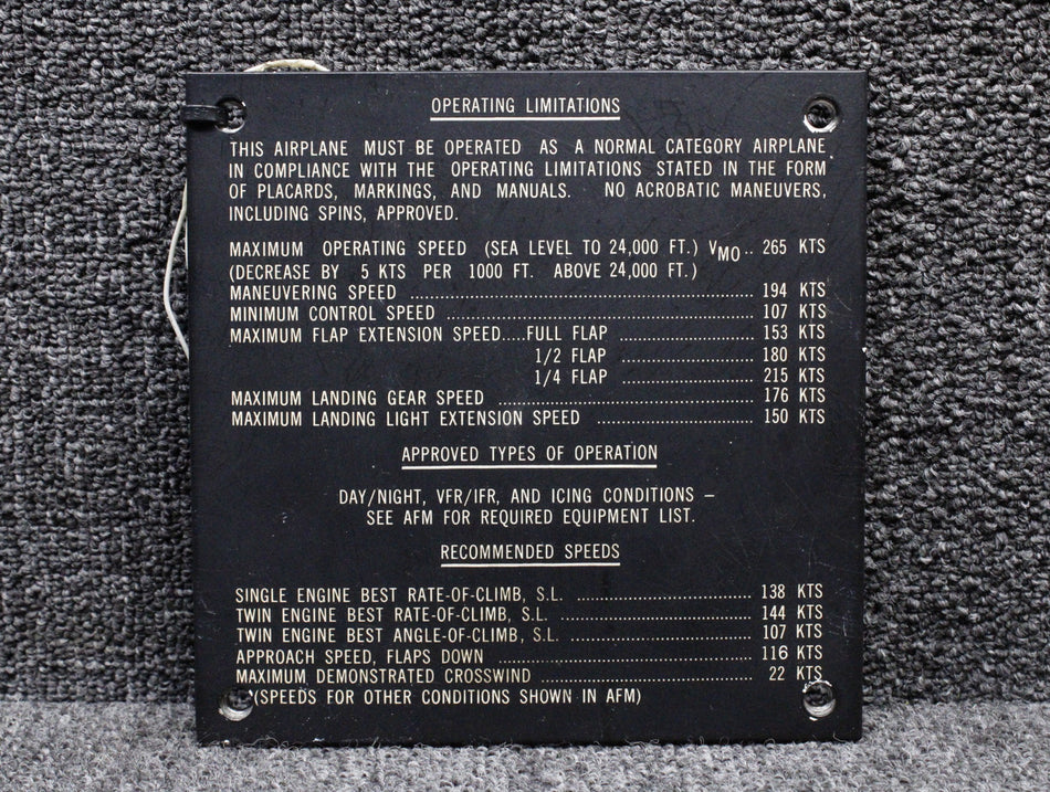 27-19038-11 Swearingen SA-226T Control Products Corp Electroluminescent Placard