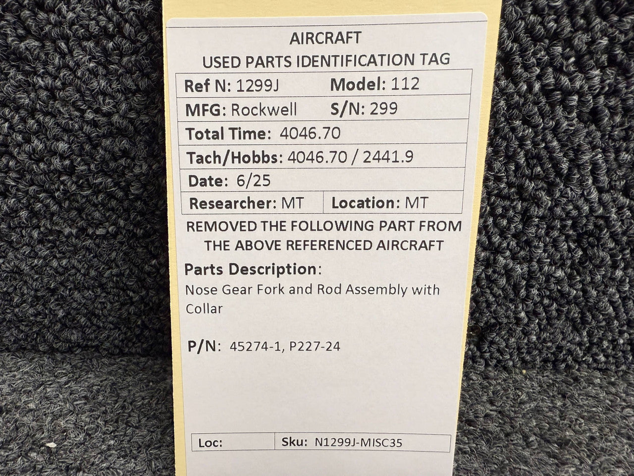 45239-1, 45272-1 Rockwell 112 Nose Gear Position Tube & Fork