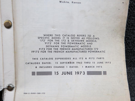 Cessna Aircraft Parts P494-12 Cessna 172 Skyhawk Parts Catalog (1963-1974)