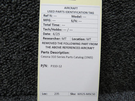 Cessna Aircraft Parts P310-12 Cessna 310 Series Parts Catalog (1965)