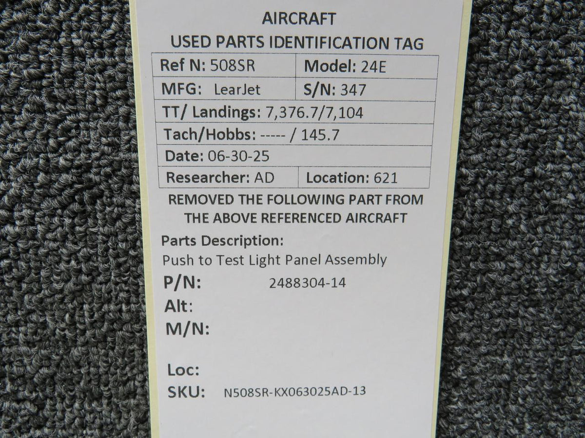 LearJet 2488304-14 LearJet 24E Push to Test Light Panel Assembly