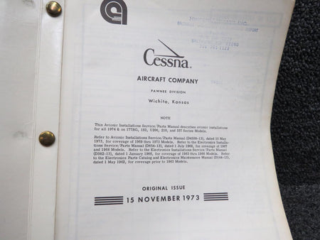 Cessna Aircraft Parts D4527-13 Cessna Avionic Installations Service & Parts Manual (1974)
