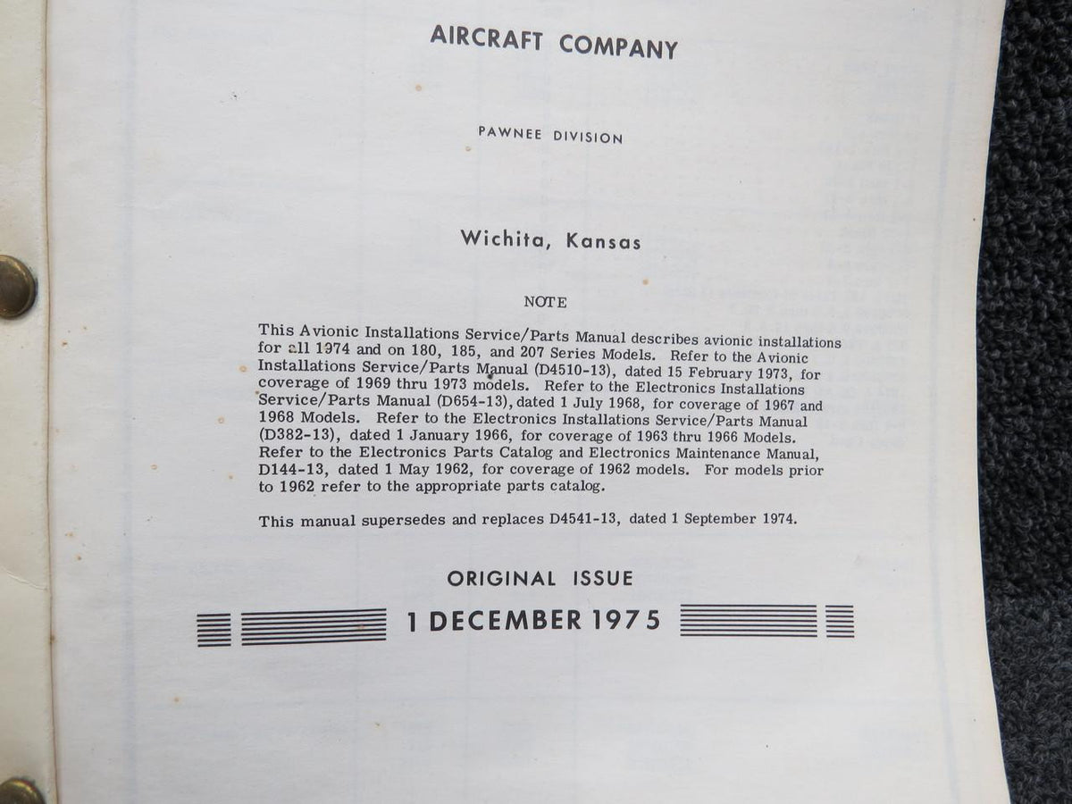 Cessna Aircraft Parts D4549-13 Cessna Avionic Installations Service & Parts Manual (1974-1976)