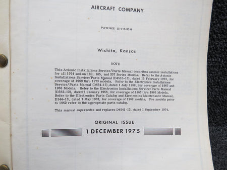 Cessna Aircraft Parts D4549-13 Cessna Avionic Installations Service & Parts Manual (1974-1976)