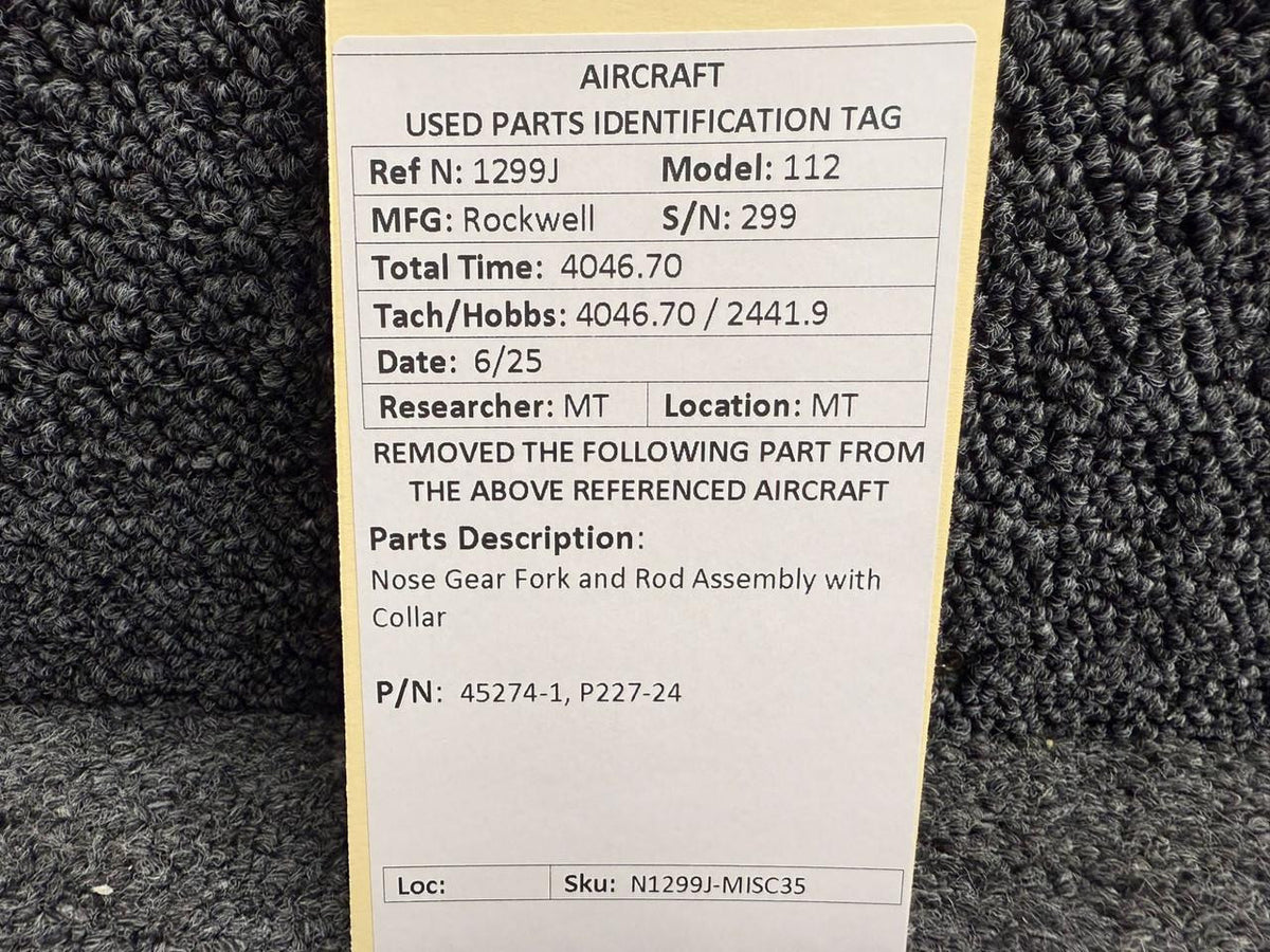 Rockwell Aviation Airplane Parts P227-24, P227-8 Rockwell 112 Nose Gear Rod Assembly with Collar