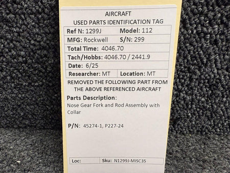 Rockwell Aviation Airplane Parts P227-24, P227-8 Rockwell 112 Nose Gear Rod Assembly with Collar