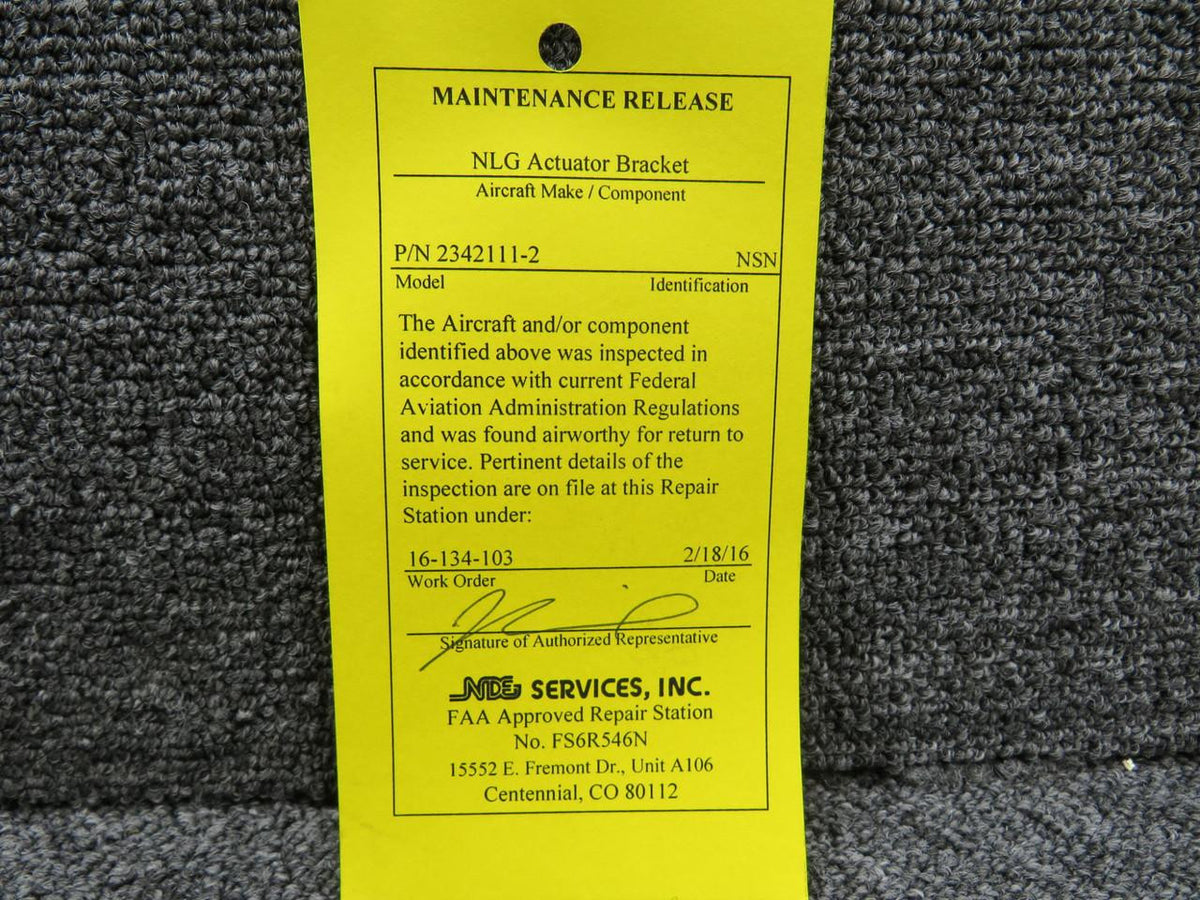 LearJet 2342111-2 Learjet Actuator Bracket with Maintenance Release Tag