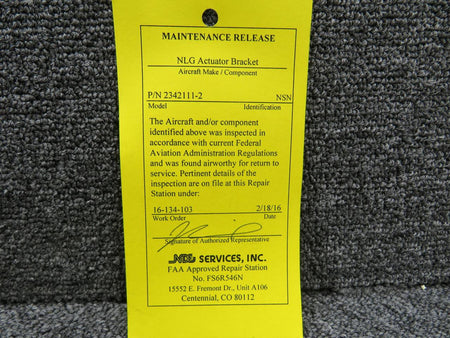 LearJet 2342111-2 Learjet Actuator Bracket with Maintenance Release Tag